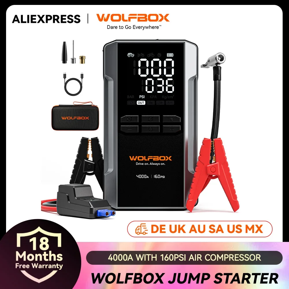 WOLFBOX 4000A Jump Starter with 160PSI Air Compressor, 12V Car Battery Booster, 65W Fast C