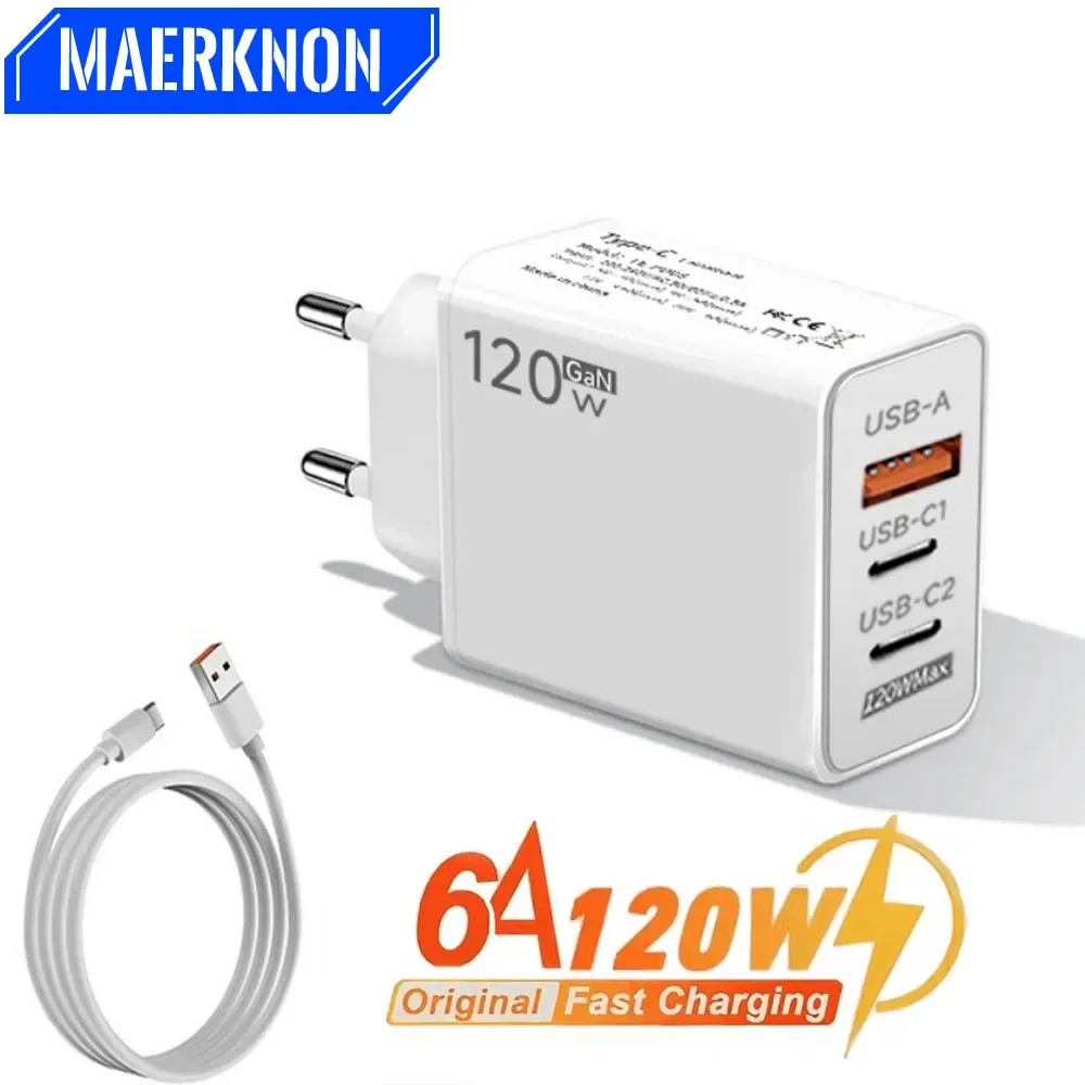 120W USB C Charger GaN Fast Charging EU/US Plug Wall Charger 6A Type C Cable For Huawei Ma