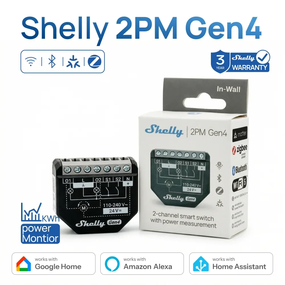 Shelly 2PM Gen4 Zigbee 2 Channel Smart Switch Matter Control Curtains Nlinds Power Meterin