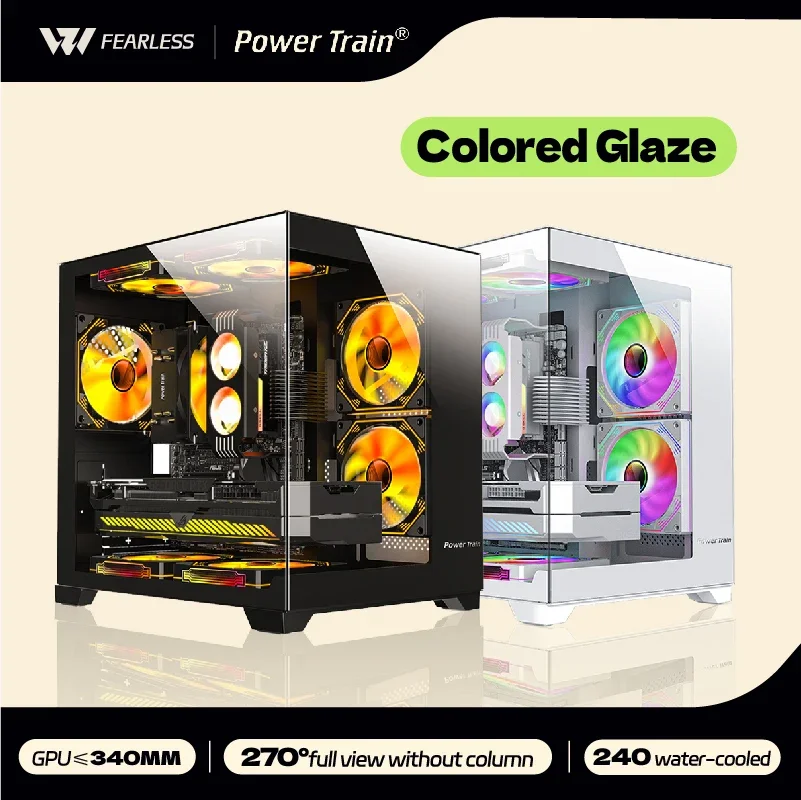 Power Train Coloured Glaze PC Case Sea View Room 270°full view without column Desktop Chassis Support 240 Water Cooler