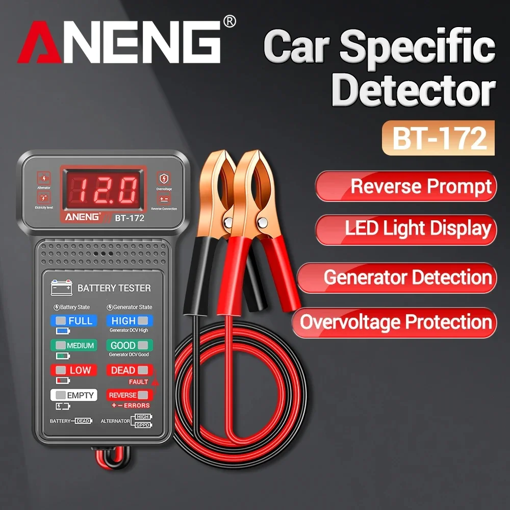 ANENG BT-172 12V Digital Battery Tester Car Battery Indicator with Alligator Clips LED Bat