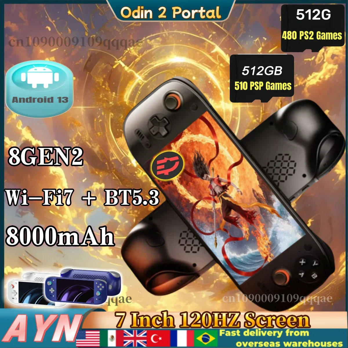 AYN Odin 2 Portal Handheld Game Console 7 Inch 120HZ Screen Android13 8000mAh 8Gen2 Open S